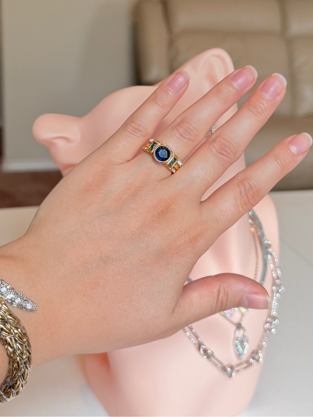 3pcs Gold Rings with Dark Blue Stone SET